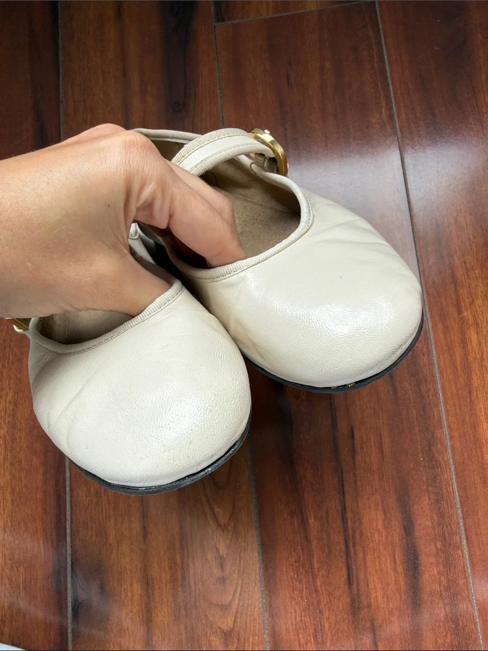 ZARA Cream Mary Jane Flats with Gold Buckle Detail leather